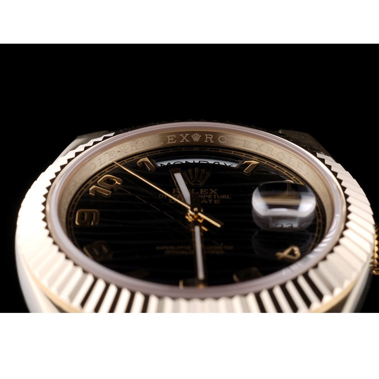 Good Copy Rolex Watches Rolex Steel 41998 Dial Swiss DayDate Ribbed Black Stainless Bezel Gold 0703